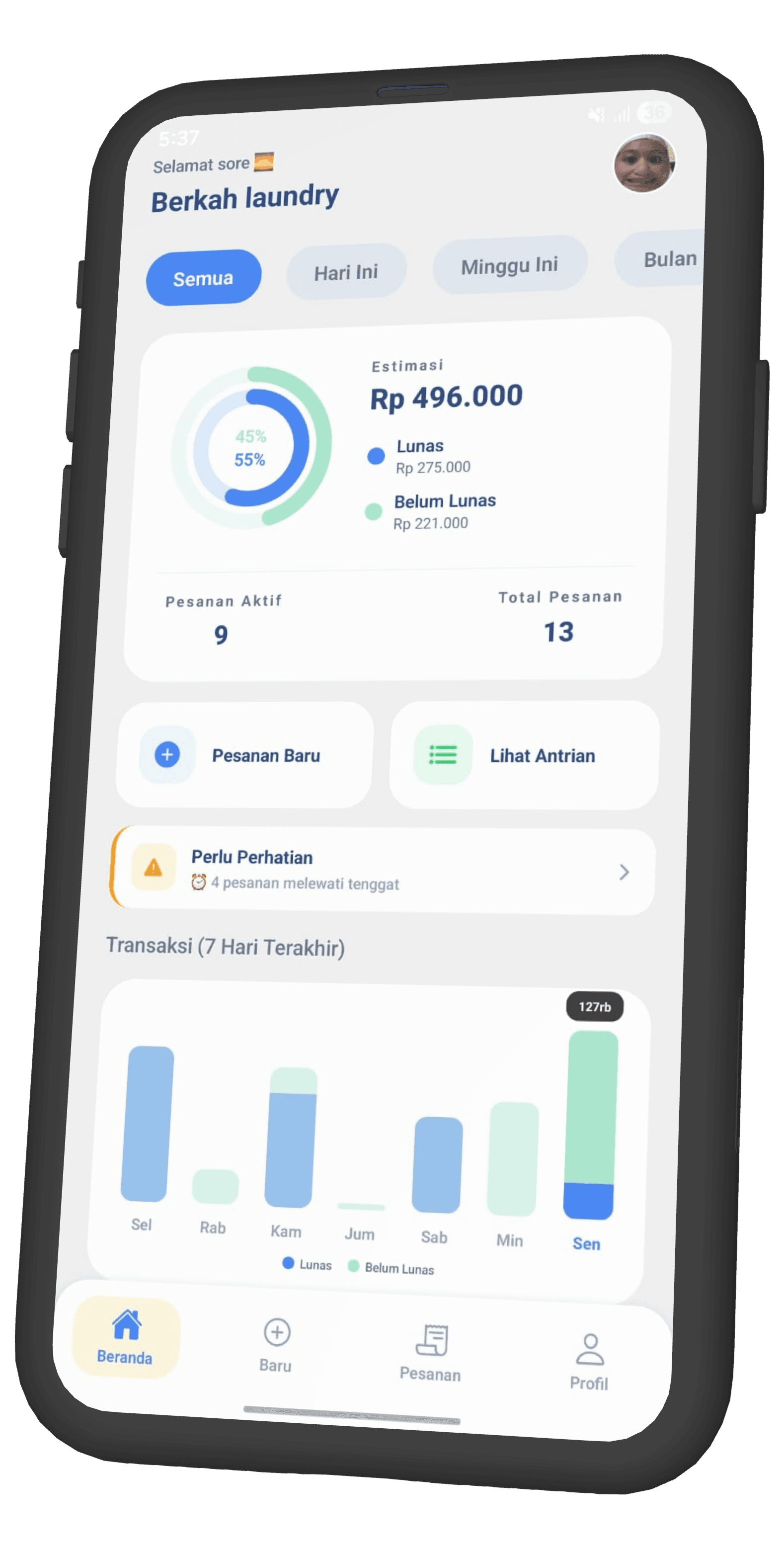 Tampilan fitur Pantau Pemasukan di aplikasi Cuciklik
