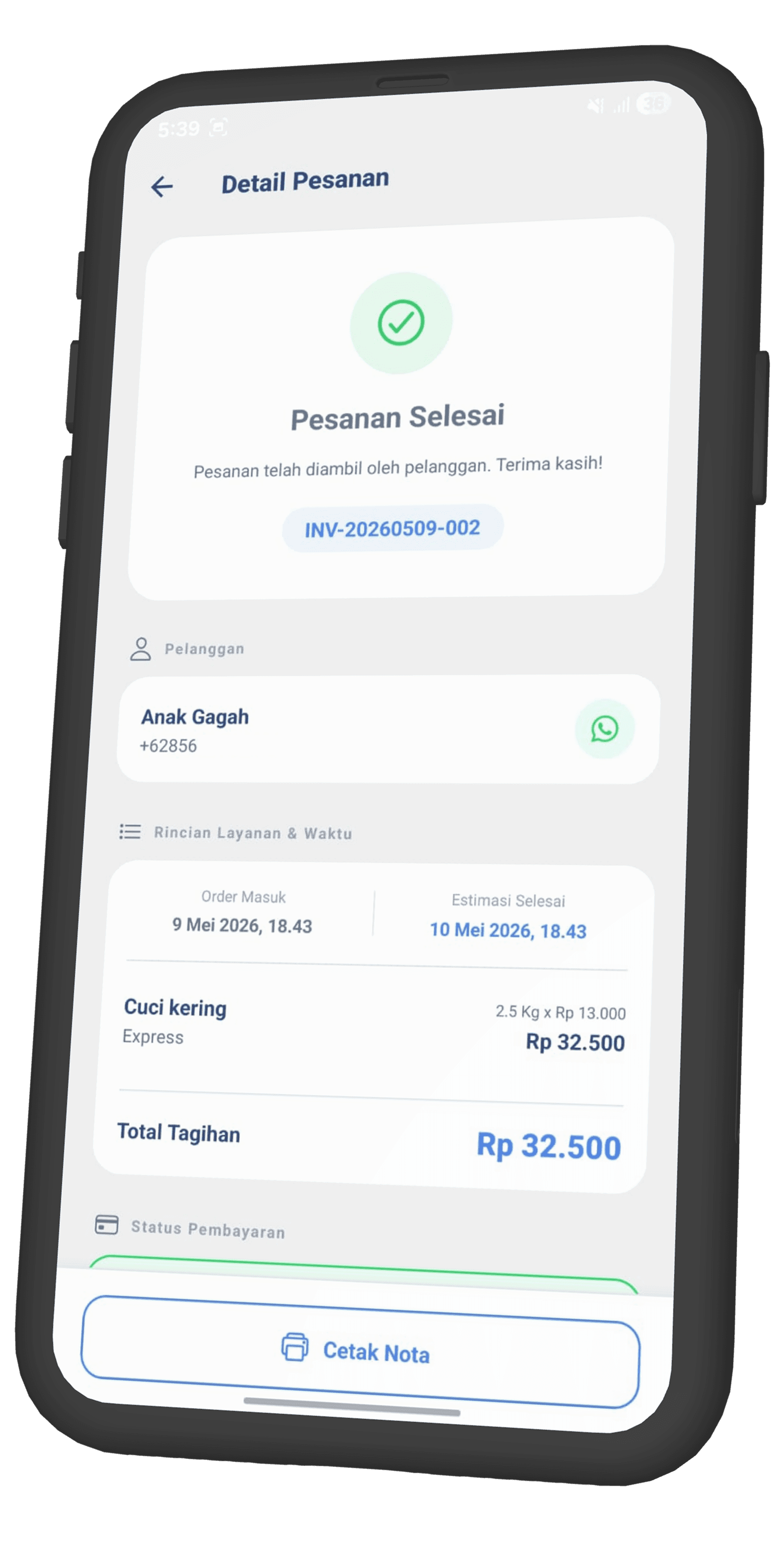 Tampilan fitur Nota Digital di aplikasi Cuciklik