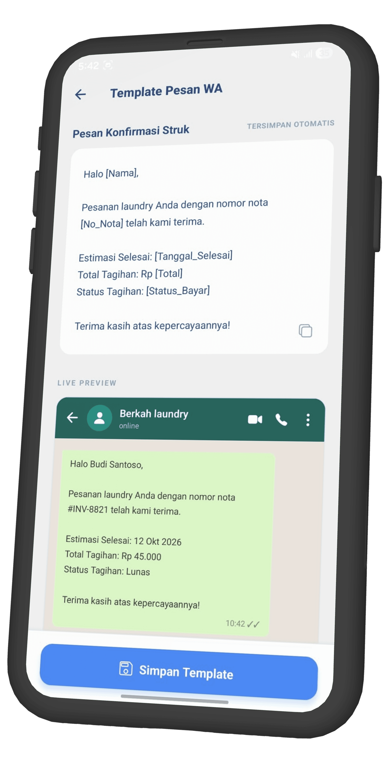 Tampilan fitur Kirim Status via WhatsApp di aplikasi Cuciklik